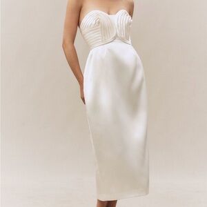 BHLDN Satin White Midi Dress with Sculpted Bodice